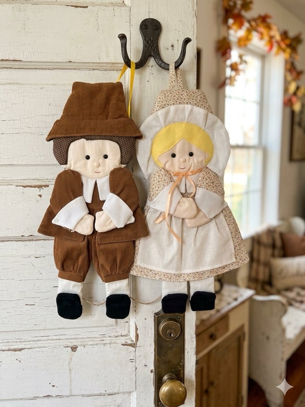 Vintage Pilgrim Pair Wall Hanging Thanksgiving Decor 1980’s Handmade Door Hanger